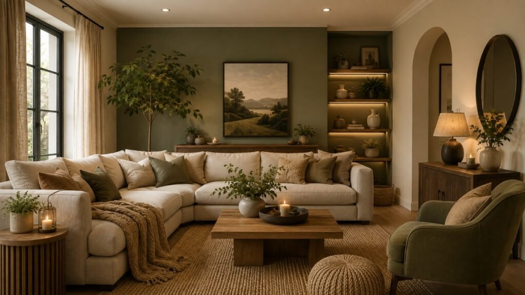 Cozy living room with layered textiles, soft seating, textured cushions and warm lighting