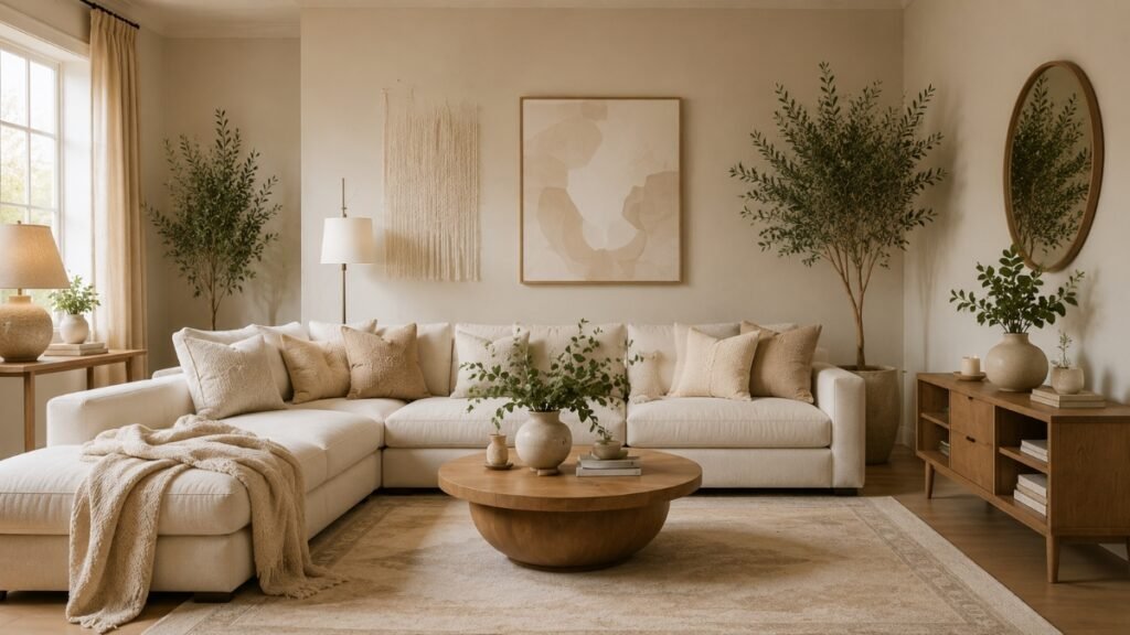 Warm neutral living room with cream seating, beige textiles, natural wood and a large area rug