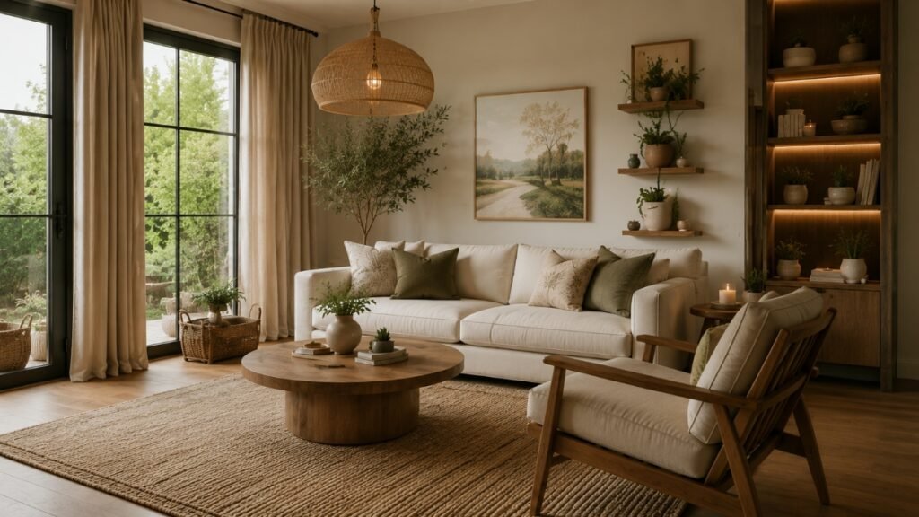 Earthy modern living room with neutral seating, natural wood, woven textures and indoor plants