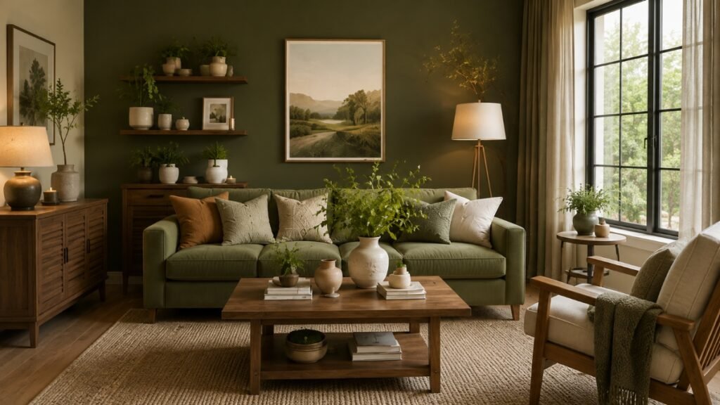 Olive green living room with cream accents, natural wood furniture and warm earthy details