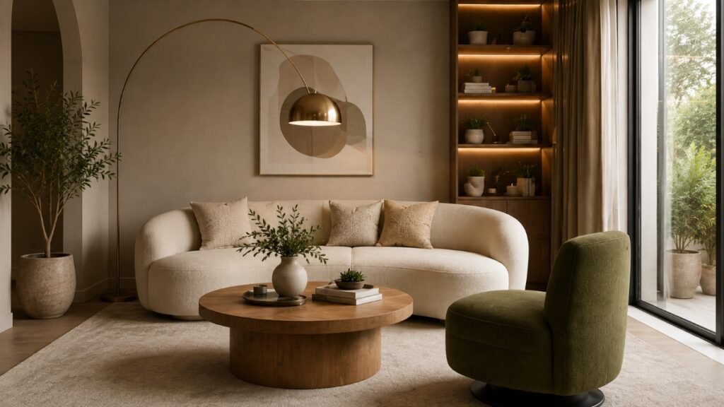 Modern living room with a curved sofa, round coffee table and organic-shaped furniture