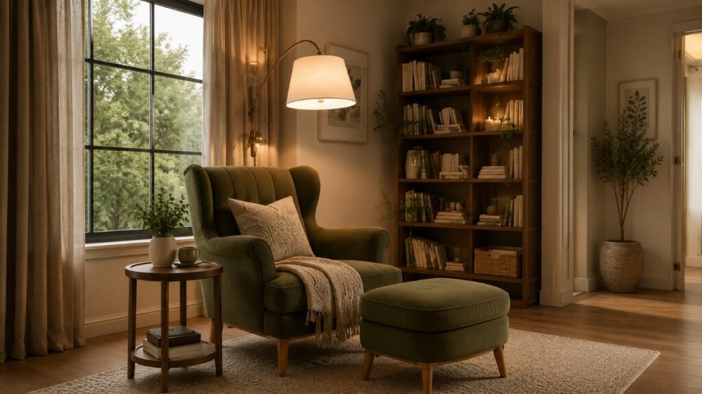 Cozy living room reading corner with an armchair, side table, floor lamp and bookshelf