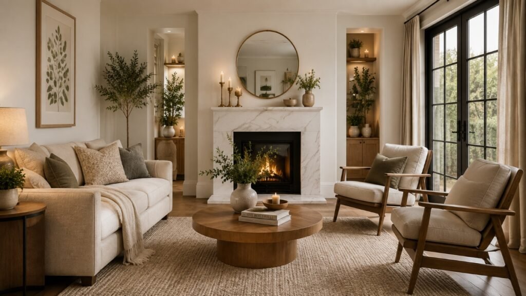 Conversation-focused living room with sofas and accent chairs arranged around a central coffee table