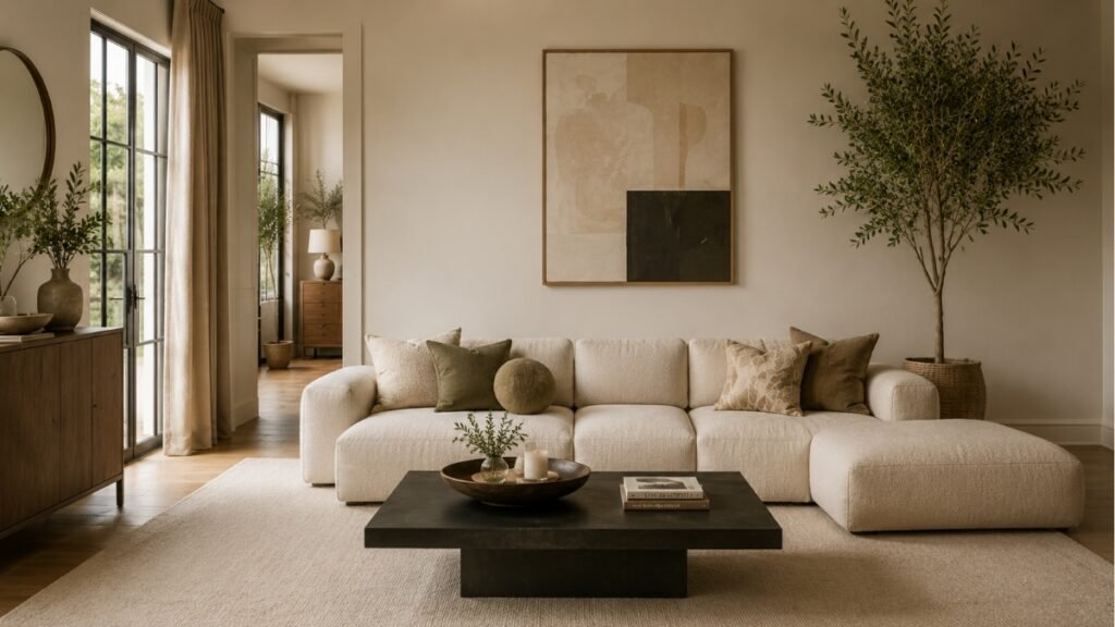 Modern minimalist living room with simple furniture, a large rug, statement artwork and natural accents