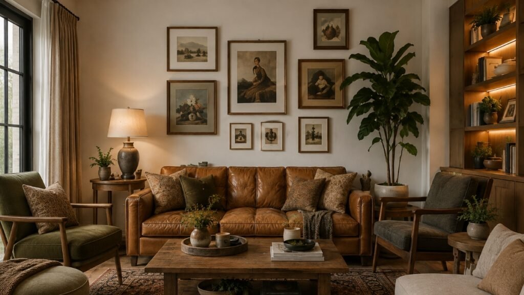Living room mixing a modern sofa with vintage-inspired furniture, artwork and decorative accessories