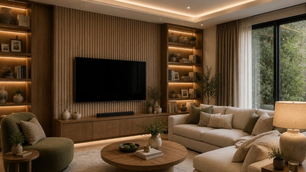 Warm living room with natural wood furniture, cream upholstery and soft neutral textiles