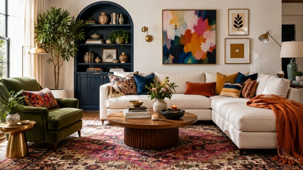 Colorful modern living room with bold seating, patterned cushions and vibrant wall art