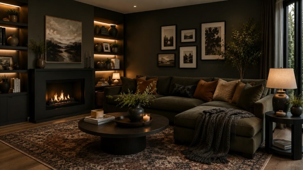 Moody living room with dark walls, warm lighting, light upholstery and natural wood accents