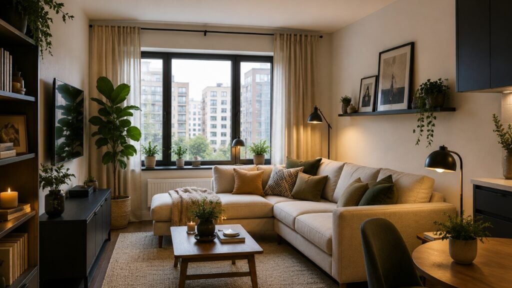 Small apartment living room with a compact sofa, multifunctional furniture and space-saving storage