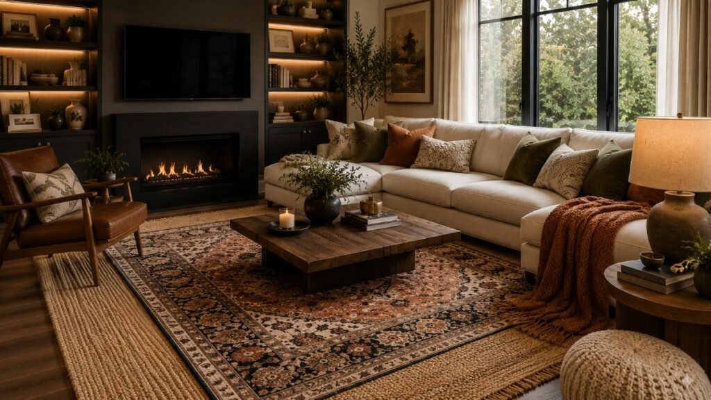 Living room with a large area rug anchoring the sofa, chairs and coffee table