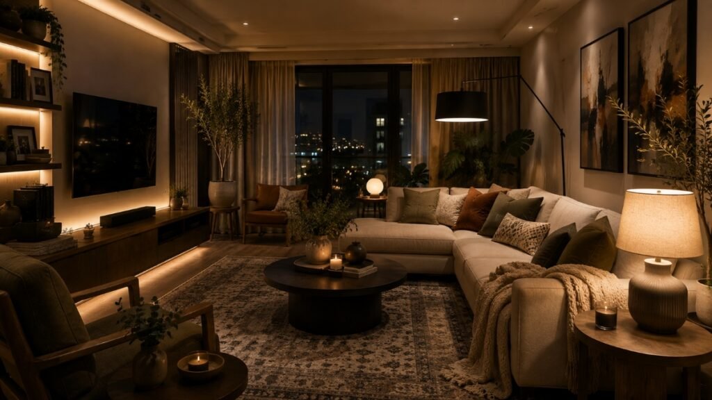 Modern living room with sculptural statement lighting, table lamps and layered ambient light