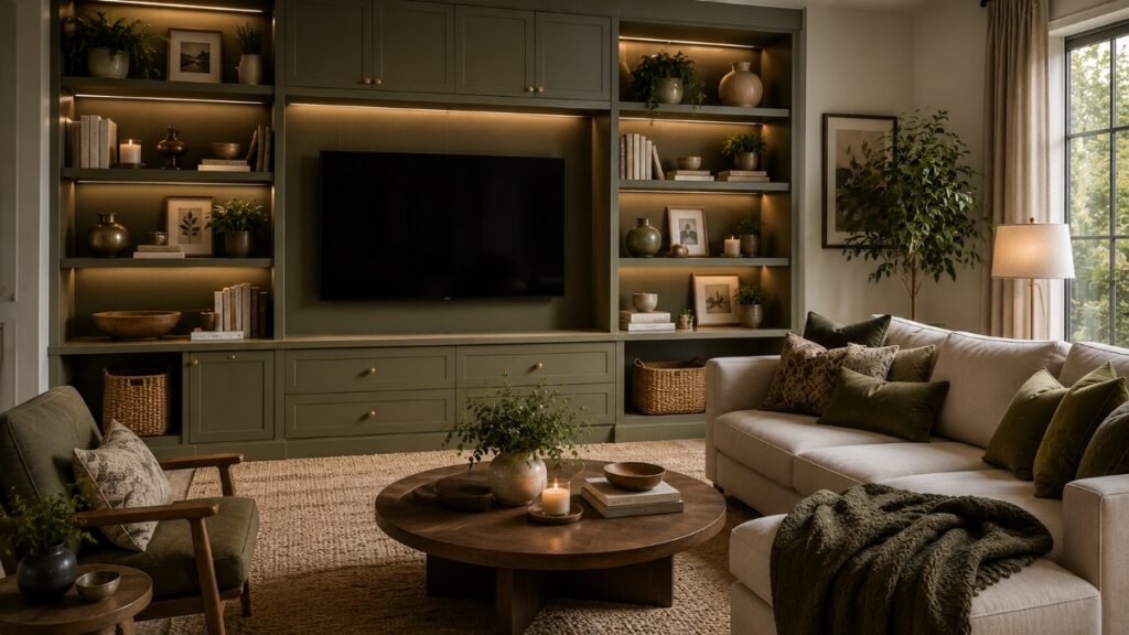Living room with built-in shelving, closed storage, books, ceramics and decorative objects