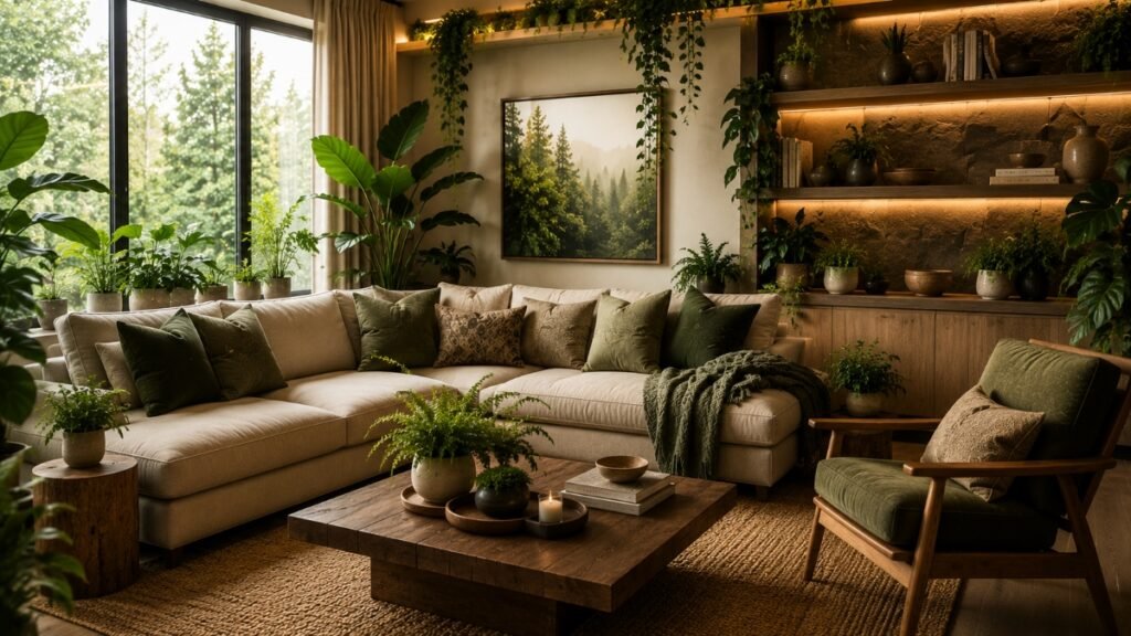 Biophilic living room with indoor plants, natural wood, woven textures and abundant natural light