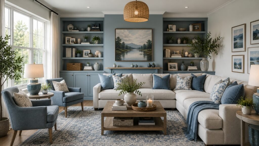 Soft blue living room with pale blue accents, cream furnishings and natural wood