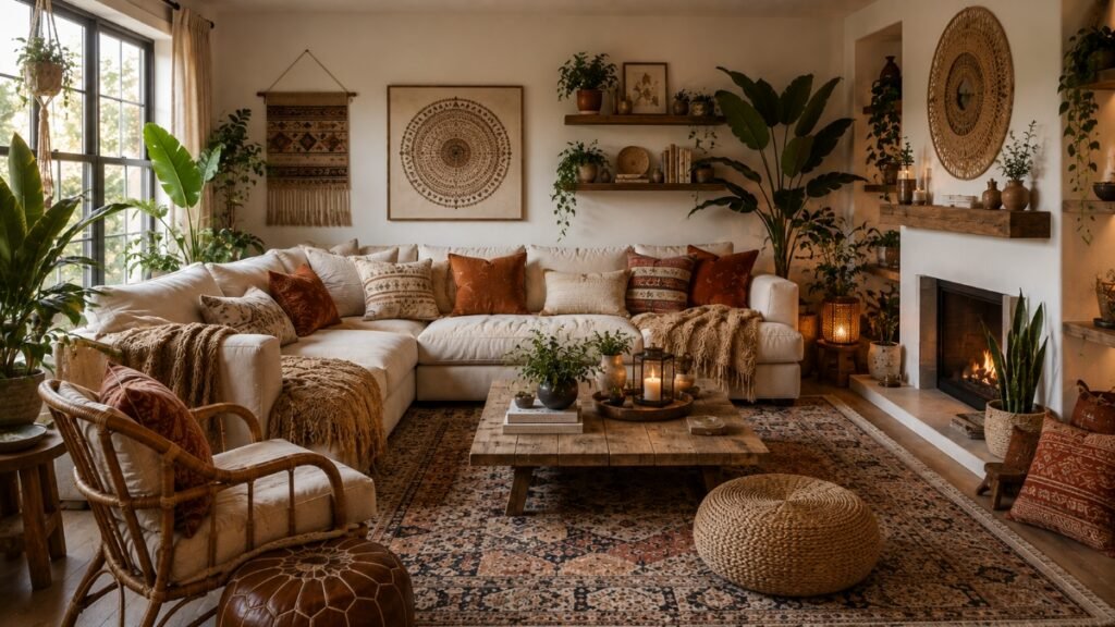 Cozy boho living room with woven baskets, patterned textiles, natural wood and indoor plants
