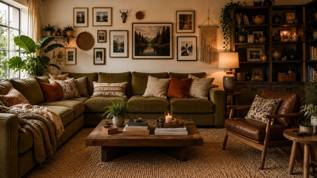 Personalized living room with books, artwork, plants, photographs and collected decorative objects