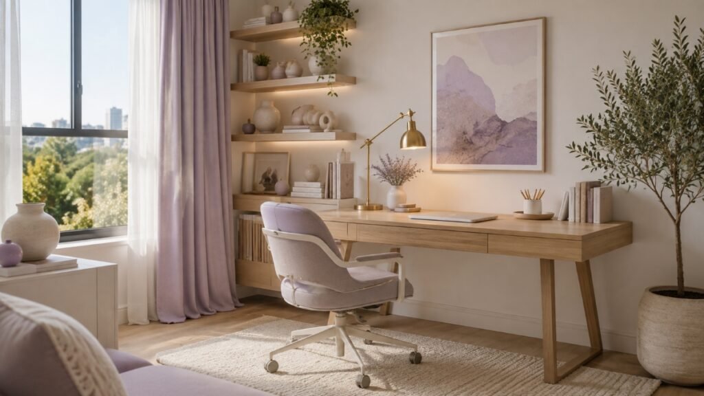 Modern home office decorated with off-white and muted lavender accents