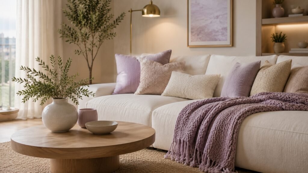 Off-white sofa styled with lavender cushions and soft neutral accents