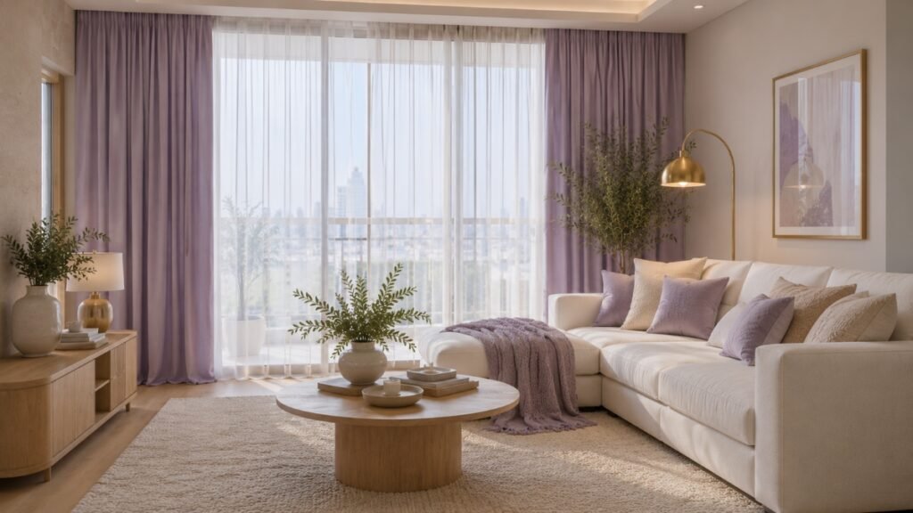 Soft lavender curtains paired with off-white walls and neutral furnishings