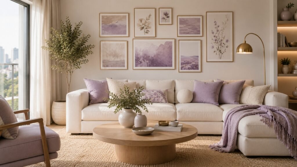 Gallery wall featuring soft lavender, cream, beige and neutral artwork