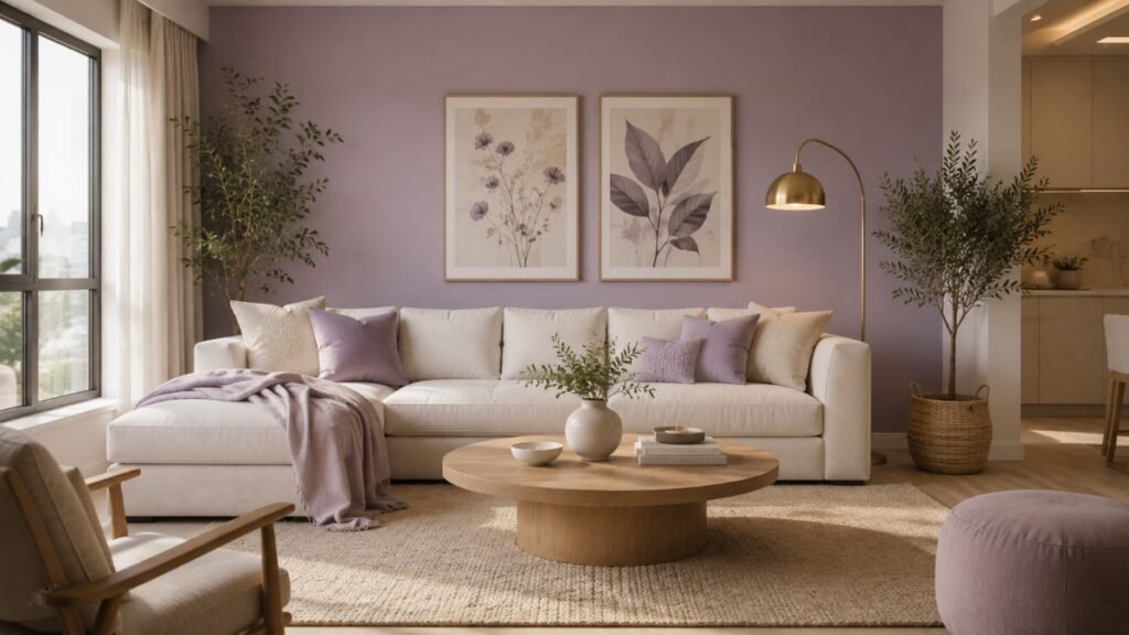 Living room with a soft lavender accent wall and off-white furnishings