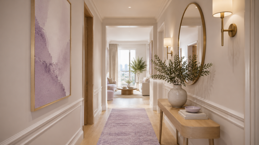 Off-white apartment hallway with subtle lavender decor and warm lighting