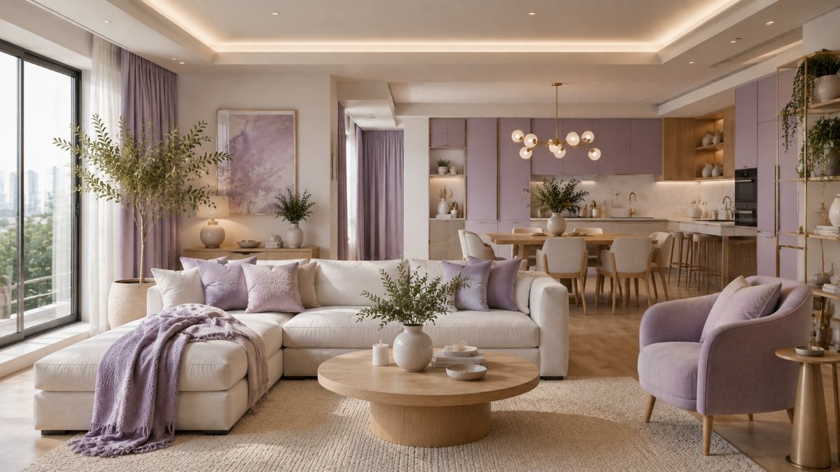 modern soft lavender and offwhite apartment ideas