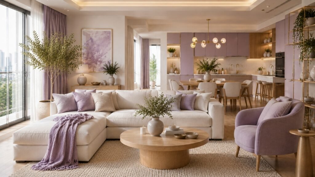Cohesive modern apartment palette combining lavender and off-white modern apartment ideas