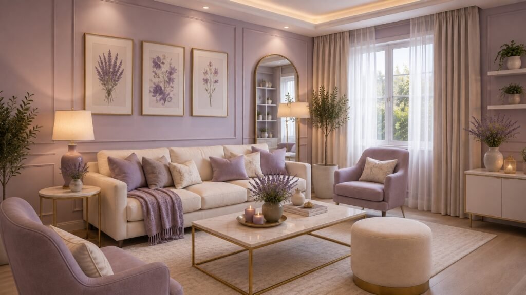 Soft lavender and off-white living room with warm neutral accents