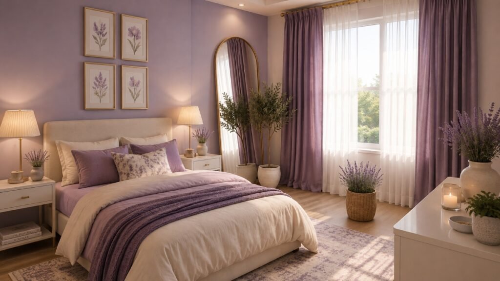 Off-white bedroom styled with soft lavender bedding and warm neutral accents