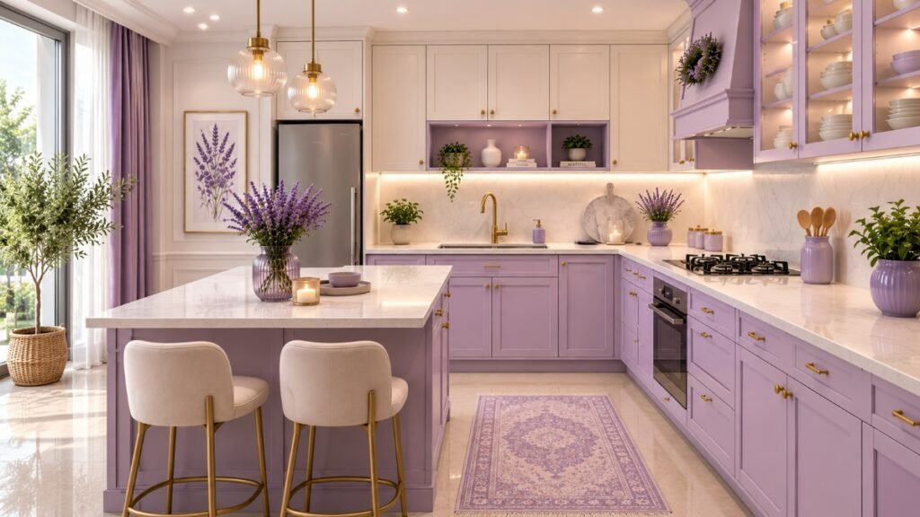 Modern kitchen combining off-white finishes with muted lavender accents