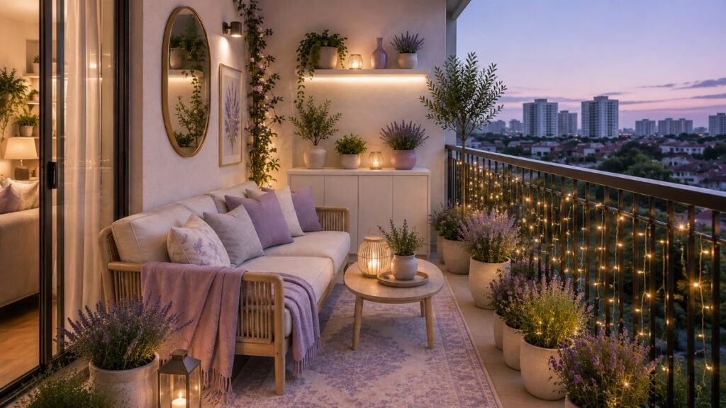 Modern apartment balcony with off-white seating and soft lavender accents
