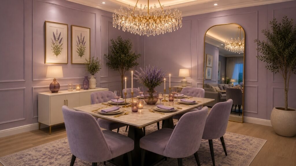 Modern dining area decorated in off-white and soft lavender tones