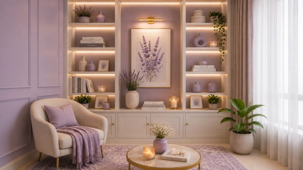 Cozy apartment reading corner with off-white furniture and soft lavender accents