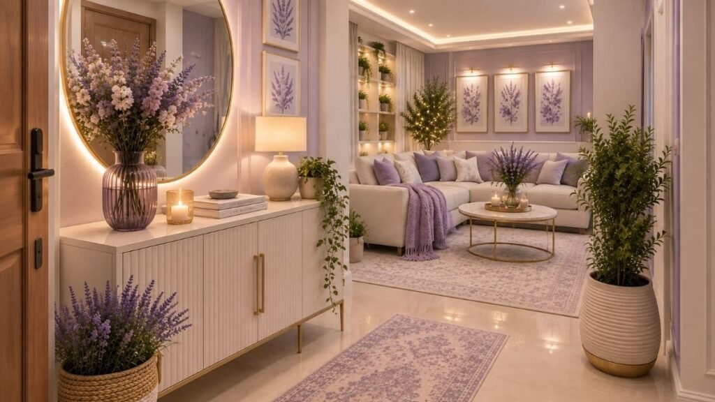 Off-white apartment entryway styled with soft lavender and light wood accents