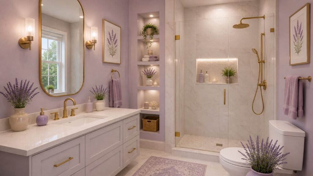 Modern off-white bathroom with subtle lavender accents and warm finishes
