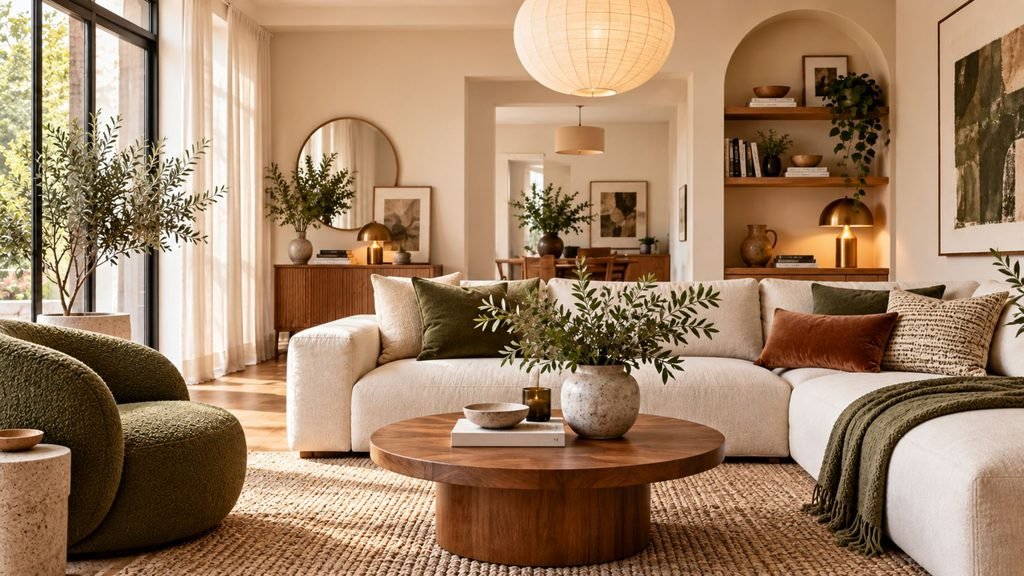 Modern living room ideas 2026 with warm neutral furniture, layered textures, natural wood, and contemporary decor