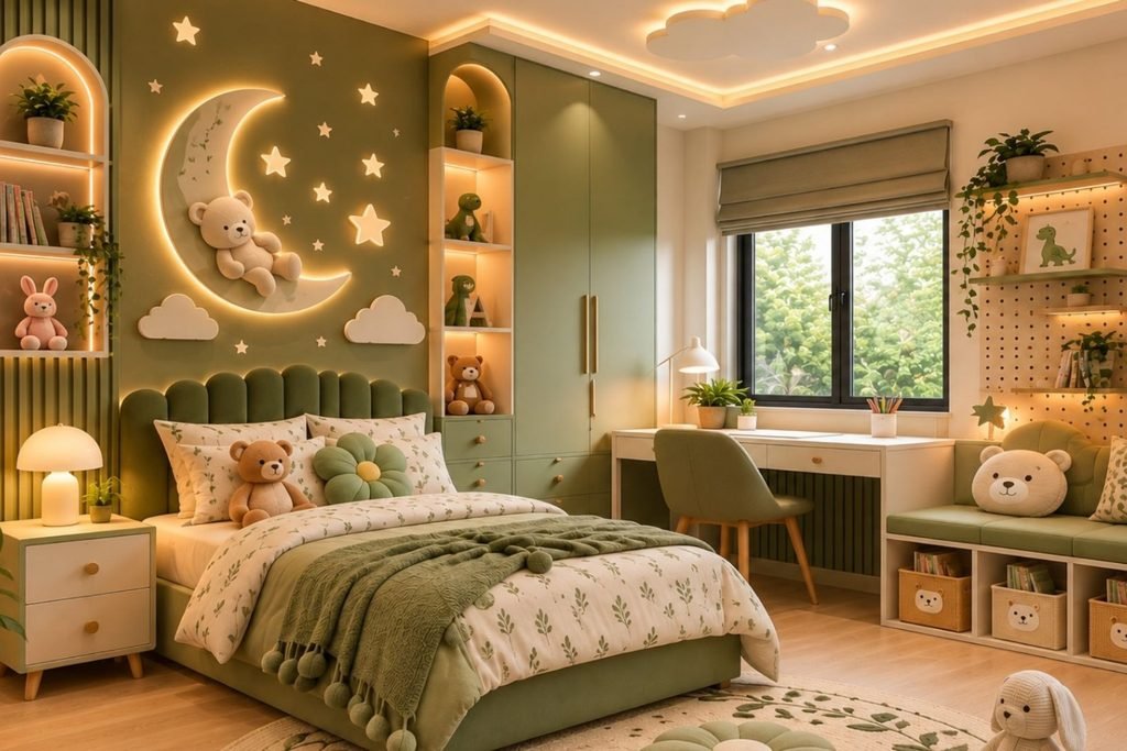 Olive green kid's bedroom with built-in storage, soft bedding, and playful wall decor