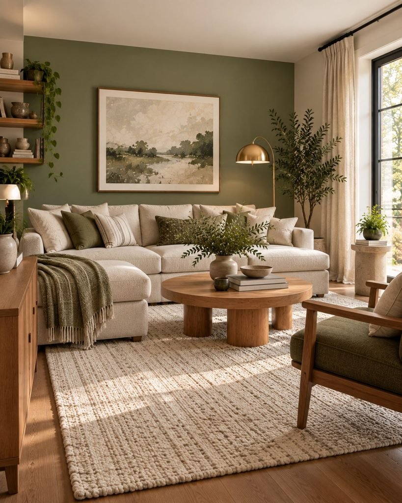 Sage green and cream living room with warm oak furniture and restrained brass accents.