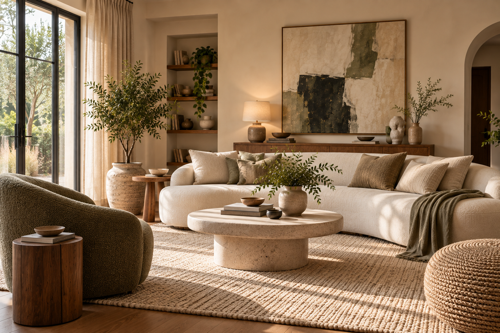 Organic modern living room with curved seating, natural wood, stone, linen and a textured wool rug