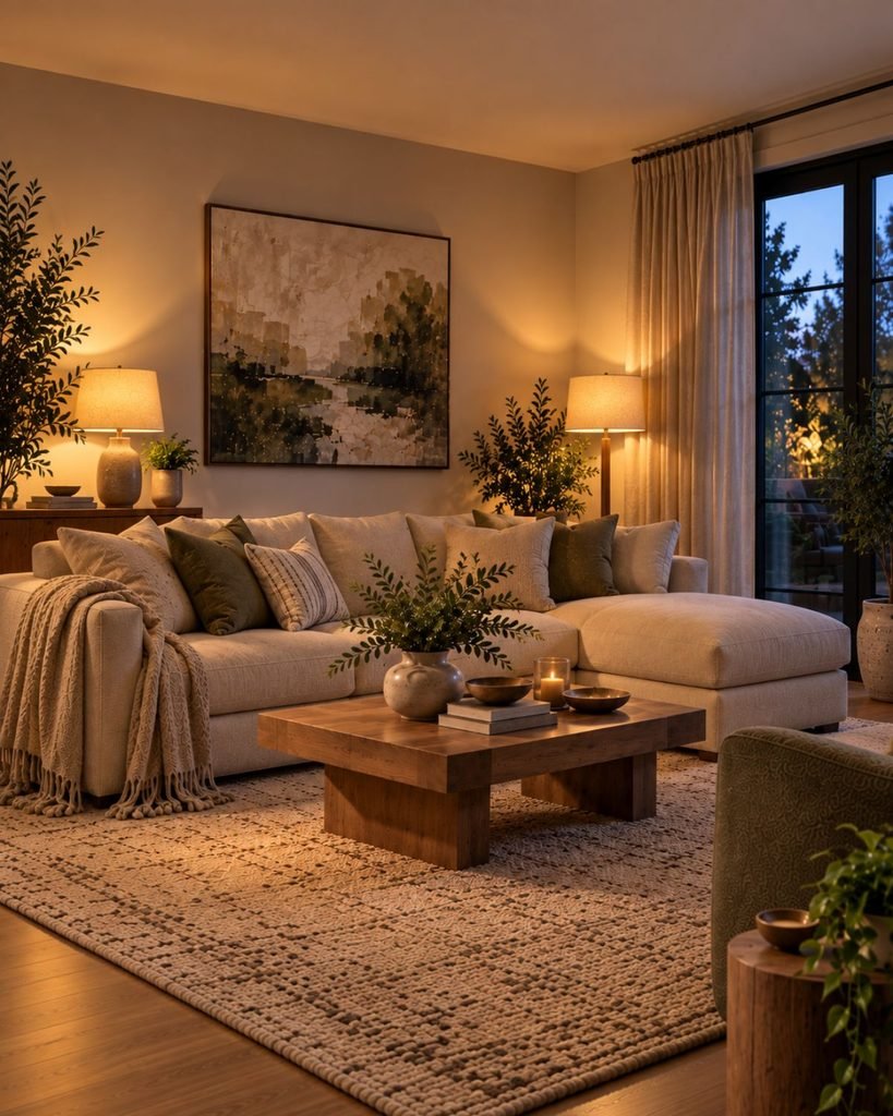 Cozy living room layered with a textured rug, curtains, soft textiles and warm lamp lighting.