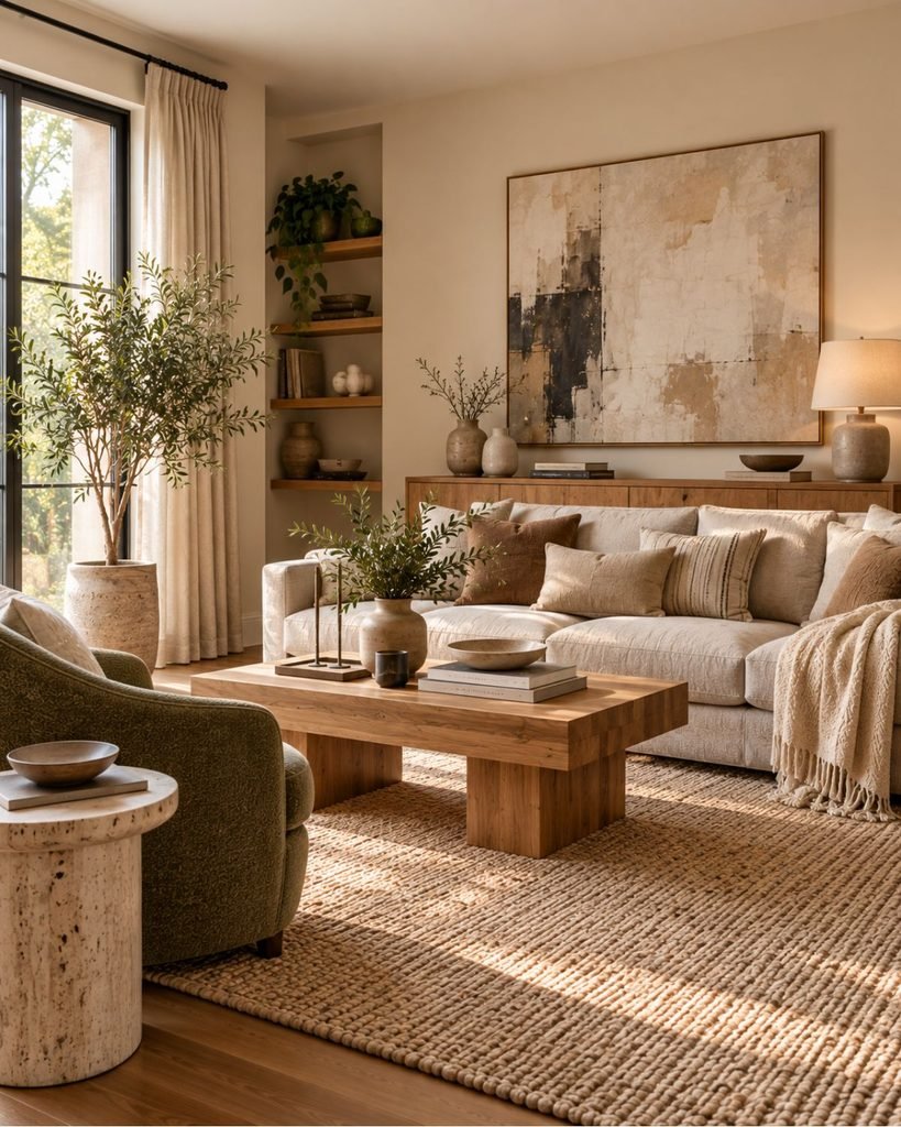 Warm neutral living room layered with linen, oak, wool, stone and ceramic textures.