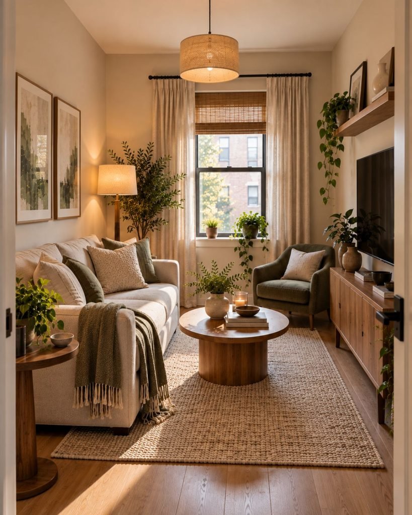 Compact apartment living room with carefully scaled furniture and a clear walking path.