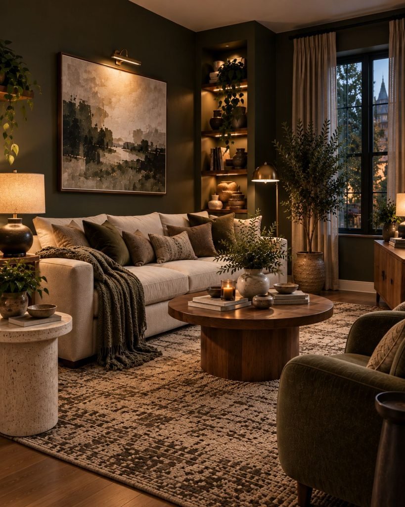 Dark living room with deep olive walls, a light sofa, walnut furniture and layered warm lighting.