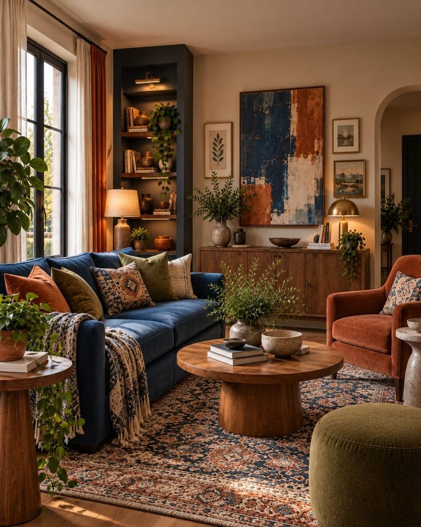 Colorful living room combining muted blue, terracotta and green with wood furniture and patterned textiles.