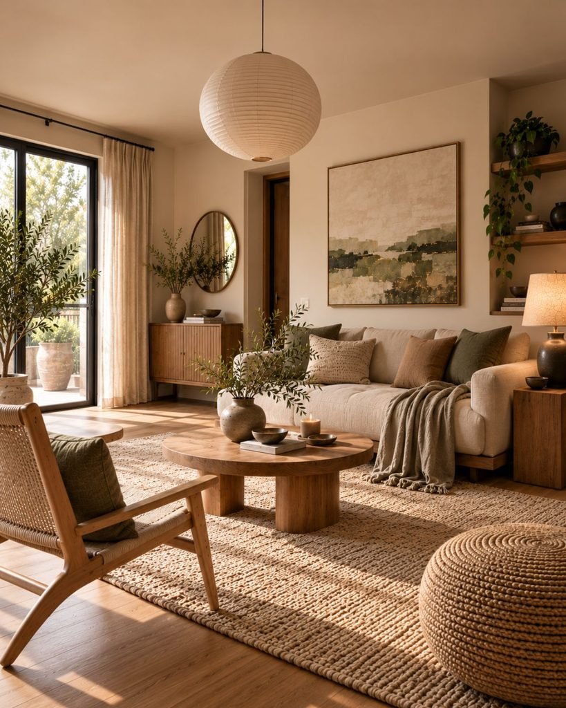 Japandi-inspired living room with low furniture, pale wood, linen textiles and a muted earth-tone palette.