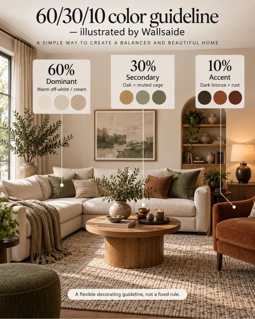 Living room diagram illustrating the 60/30/10 color guideline with dominant, secondary and accent colors.