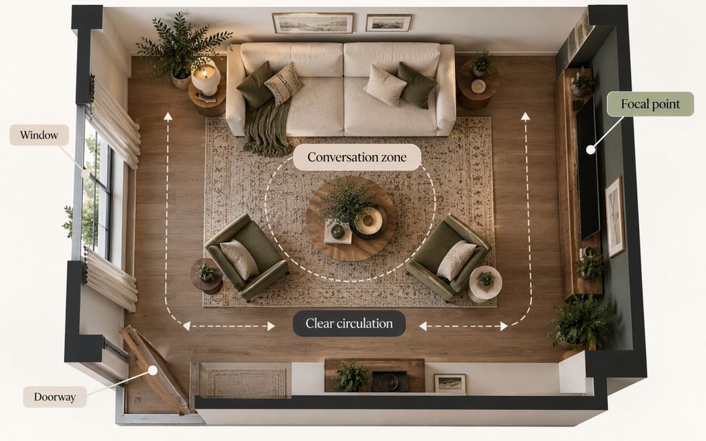Living room floor-plan diagram showing a focal point, conversation area and clear circulation route.