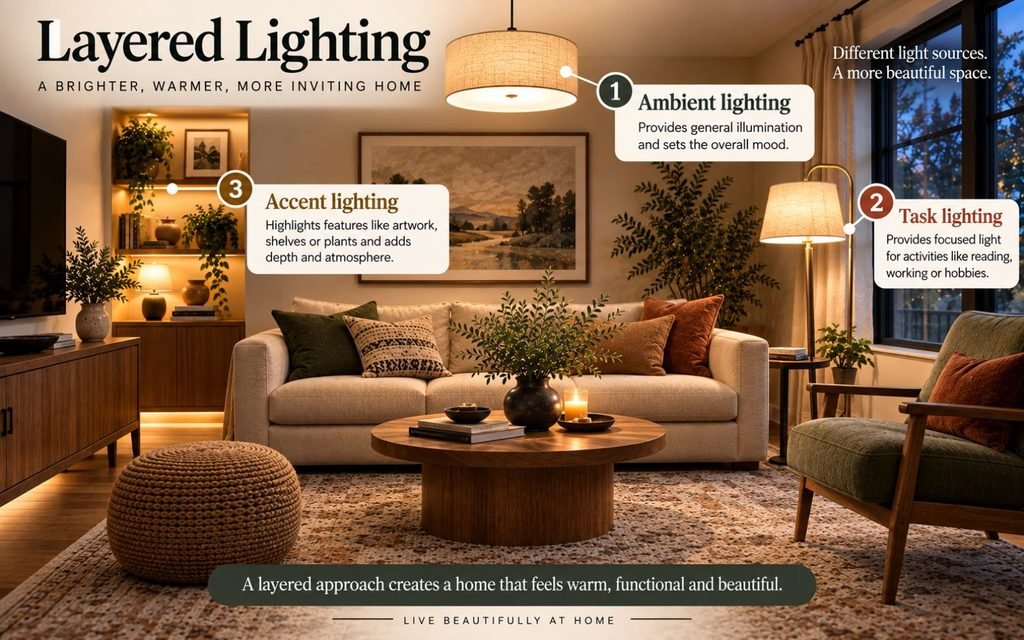 Living room diagram showing ambient, task and accent lighting layers.