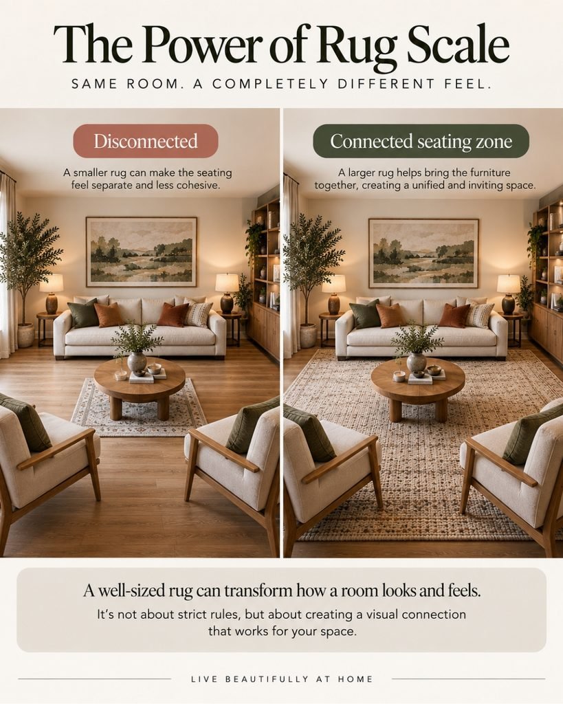 Comparison showing how a small rug and a larger rug change the visual connection between living room seating.